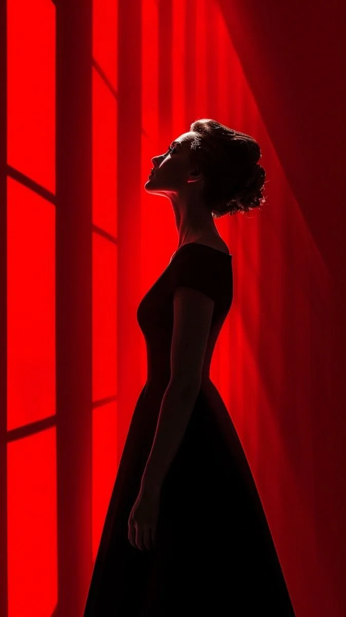 Silhouette of a woman with short hair standing inside a red-lit room with large windows.