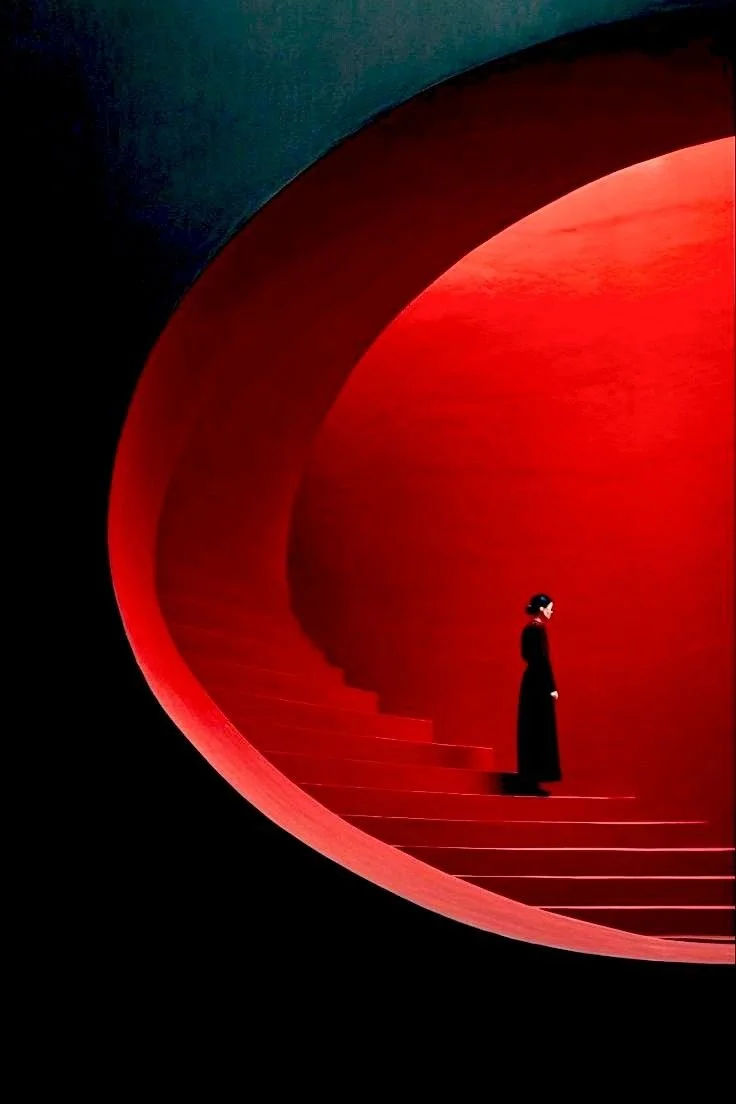 A person in black clothing descending a red, curved staircase inside a large, circular tunnel with dramatic lighting.