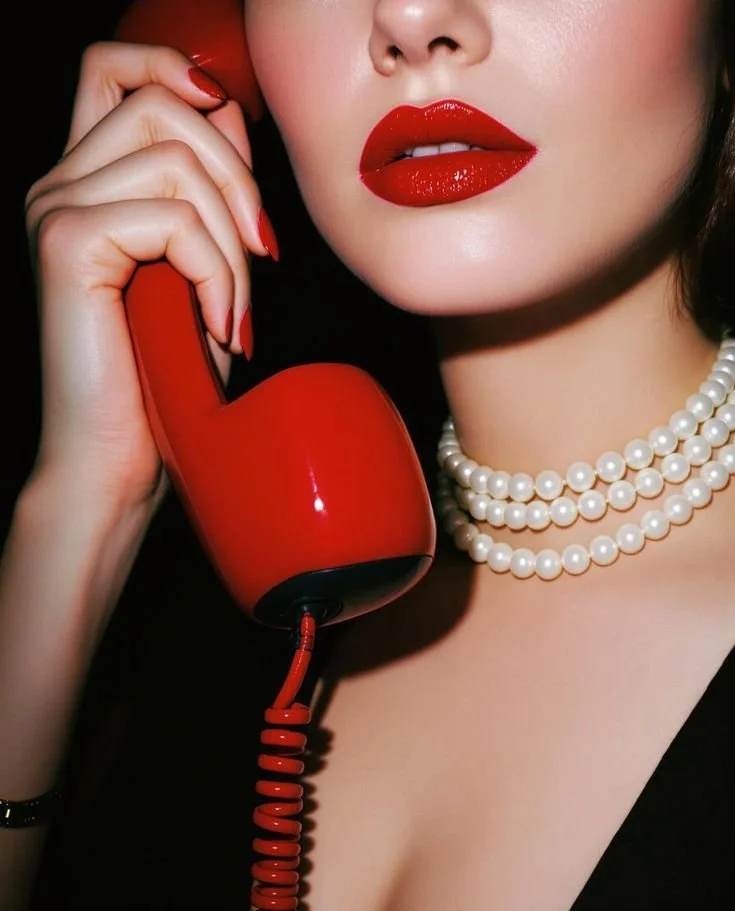 Close-up of a woman with red lipstick and nail polish, holding a red vintage telephone receiver, wearing a pearl necklace.