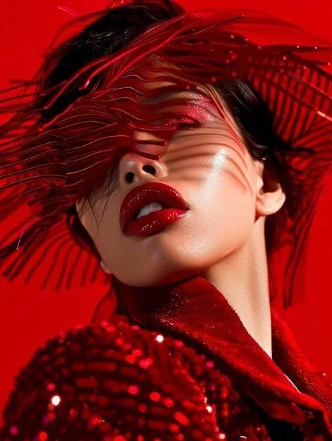 A woman with red lipstick and red sequined clothing, her hair flowing across her face against a red background.