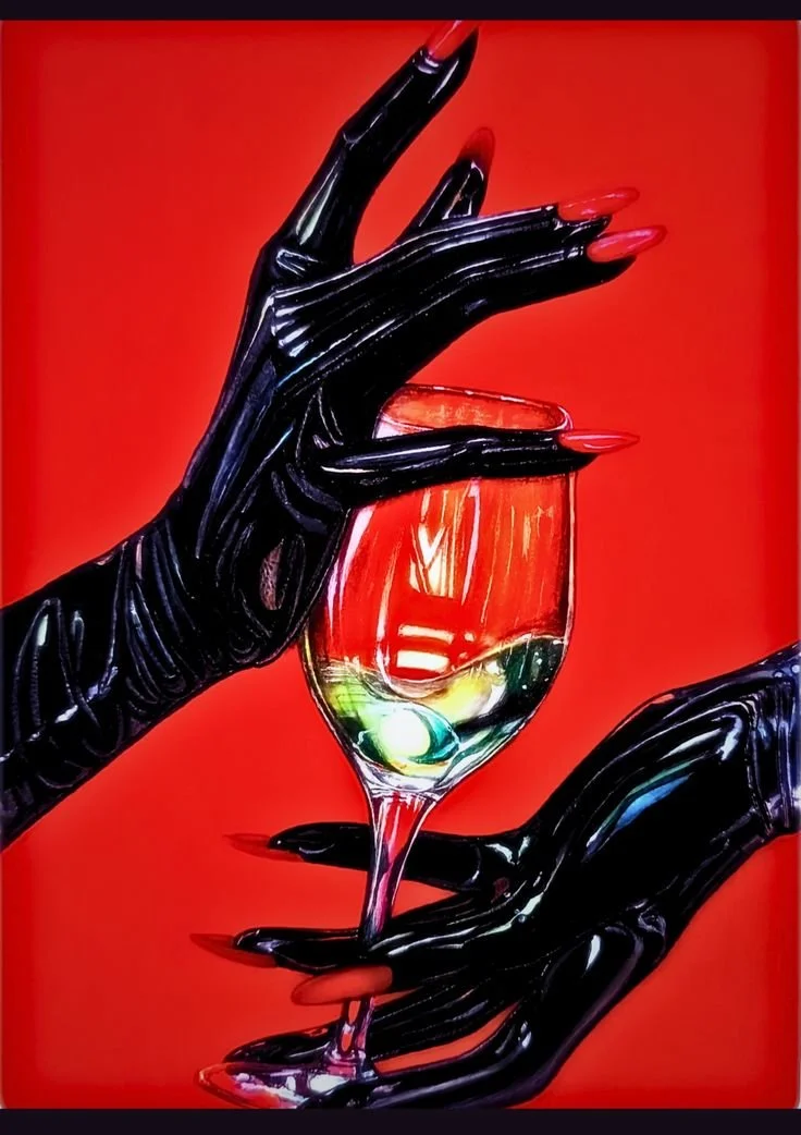 A vibrant painting of two black-gloved hands holding a glass of red and white wine against a red background.