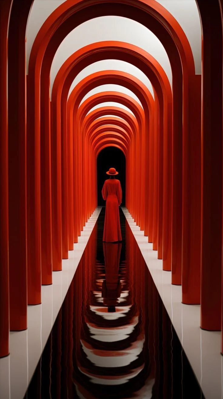 A woman dressed in red standing in a corridor of red arches with a reflective black floor, creating a mirror image of herself and the arches.