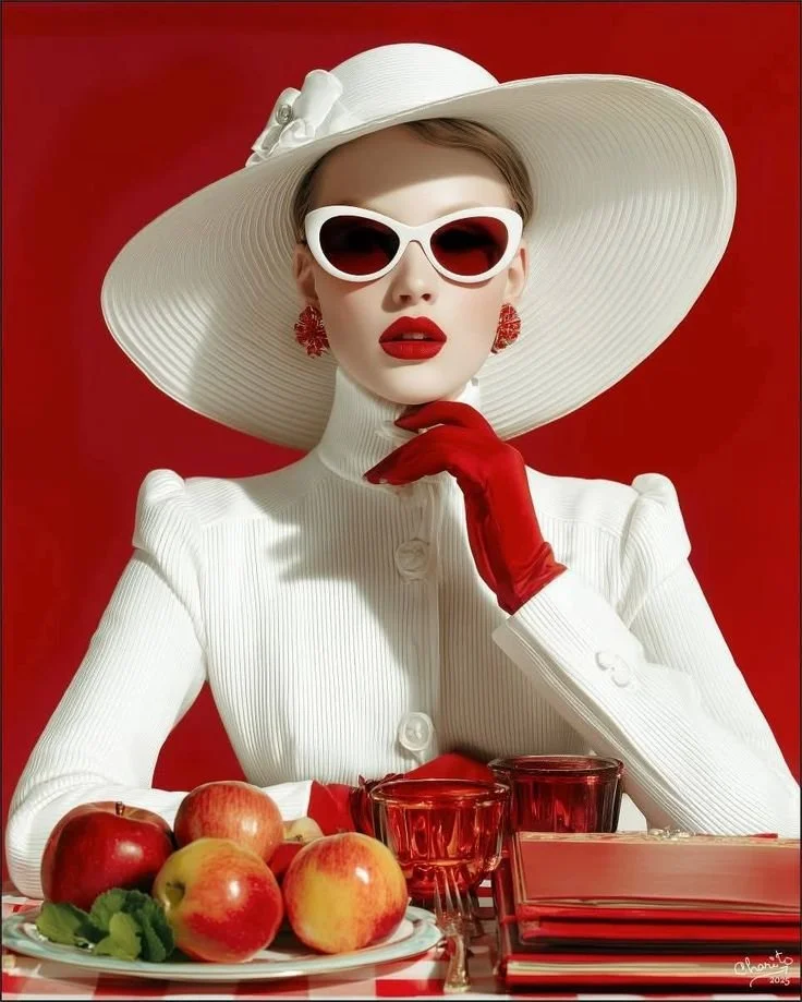 A woman in vintage style with large white hat, white sunglasses, red lipstick, red gloves, and red earrings, sitting at a table with apples, red glasses, and a red checkered tablecloth against a red background.