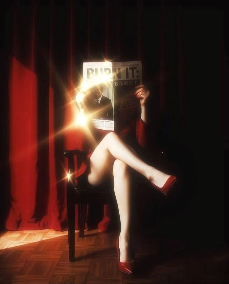 Woman sitting on a chair with red curtains behind her, reading a newspaper that partially covers her face, wearing red heels. The scene is dark with a spotlight on her legs, creating lens flare effects.