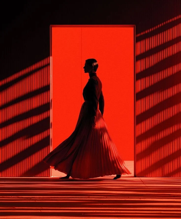 Silhouette of a woman in a pleated dress walking through a red-lit doorway, with striped shadows cast on the floor and walls.