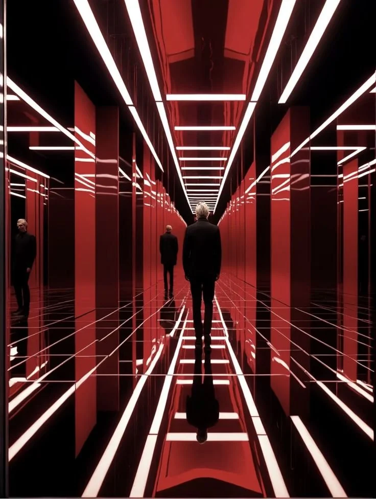 A futuristic corridor with reflective red and black surfaces, illuminated by white and red LED strip lights, with three men walking away from the camera.