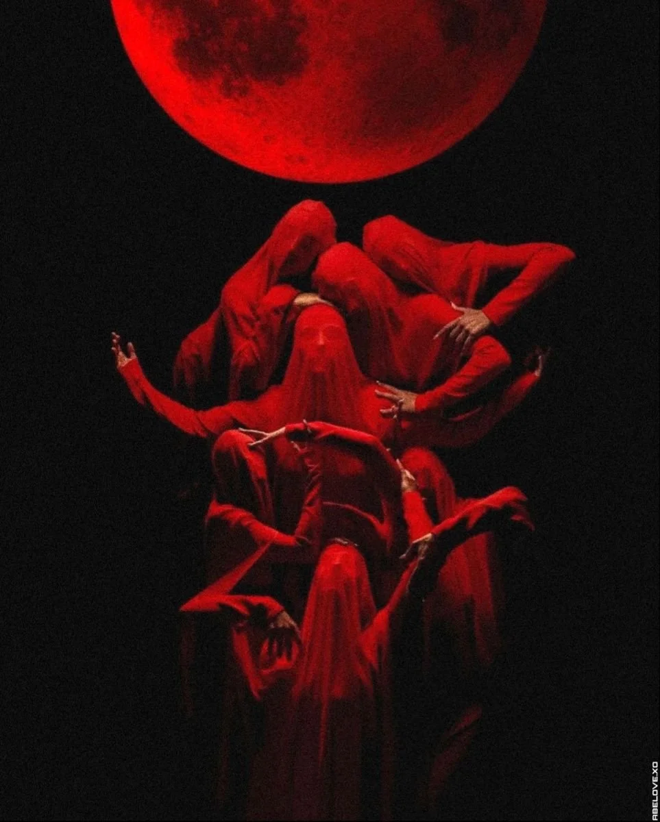 A group of human figures dressed in red, intertwined and reaching out, with a large red moon in the dark background.