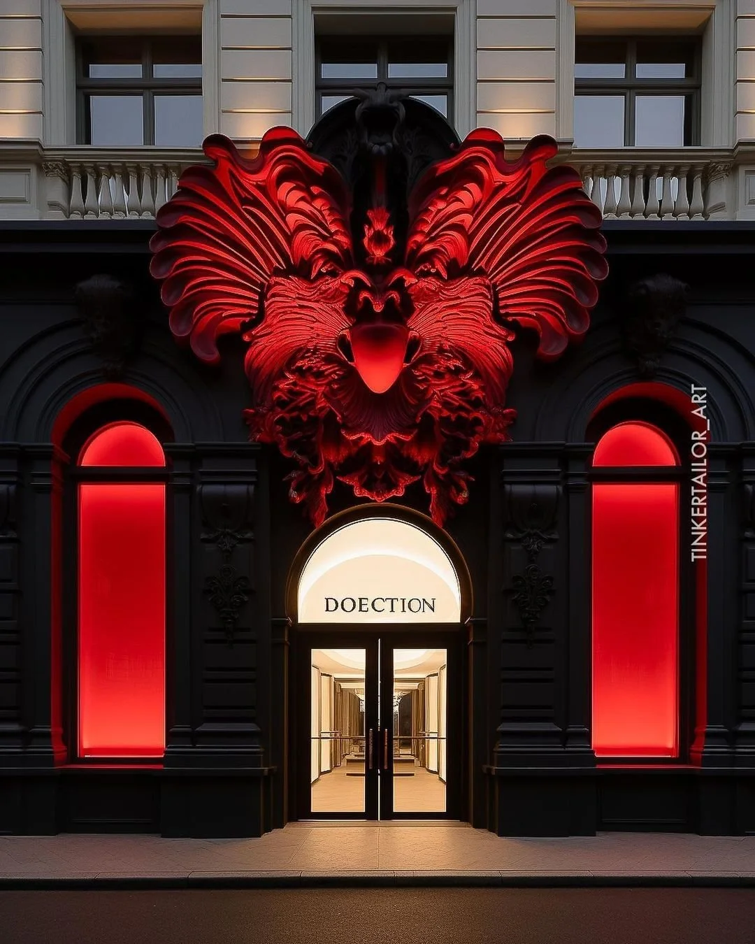 A building exterior illuminated with red and black lighting, featuring a large, stylized lion head sculpture above the entrance.