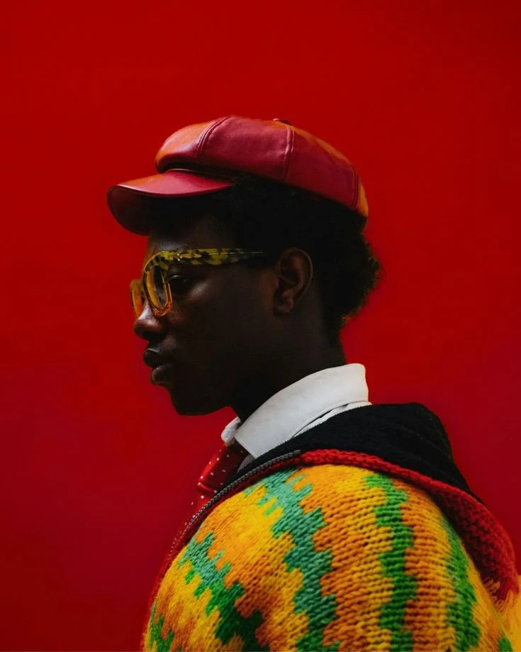 A young Black man in profile wearing a red leather cap, yellow tortoiseshell glasses, a colorful knit sweater with yellow, green, and orange patterns, and a white collared shirt against a red background.