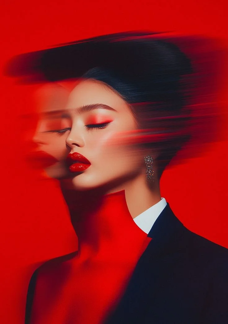 A woman with styled black hair and red makeup, wearing a black blazer and sparkling earring, posed against a red background with a motion blur effect.
