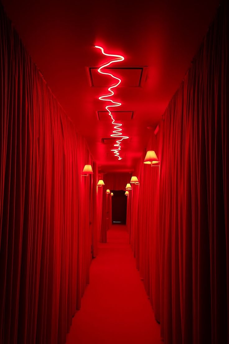 A dimly lit corridor with red curtains on both sides, decorated with yellow wall lamps and a red neon light fixture on the ceiling.