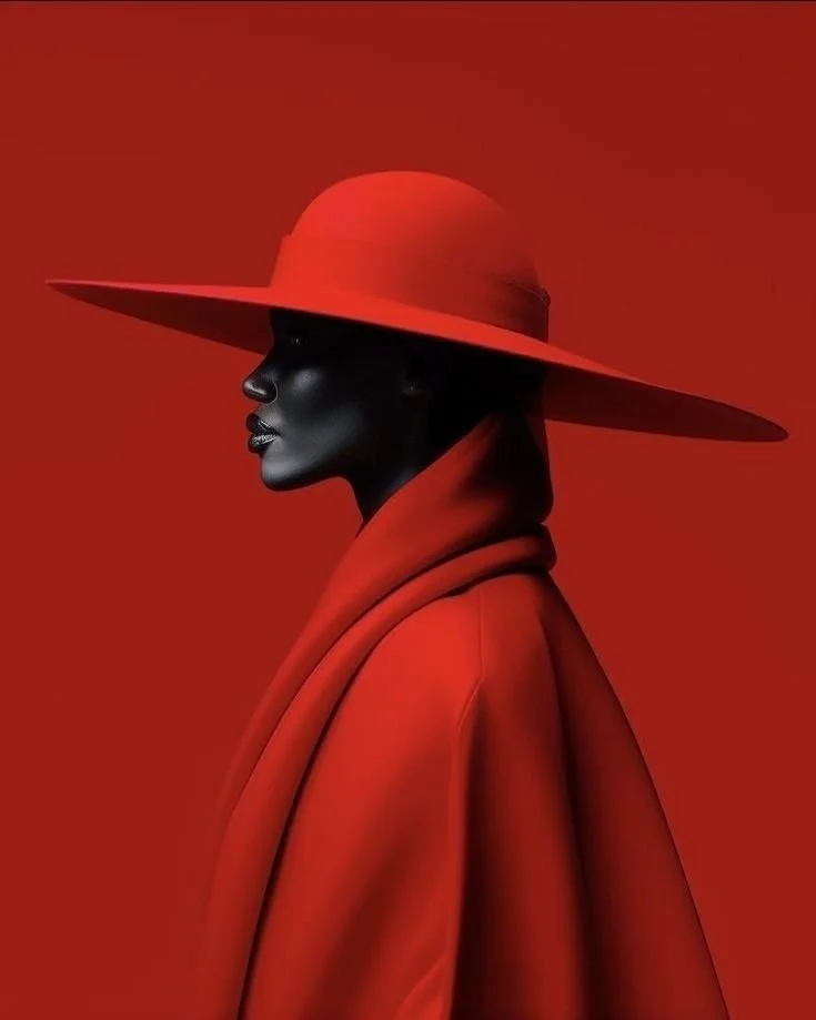 A woman in profile wearing a wide-brimmed red hat and a matching red coat against a red background.