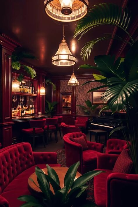 Elegant bar lounge with dark wood walls, red velvet chairs and sofas, lush green indoor plants, a piano, and warm lighting from hanging chandeliers.