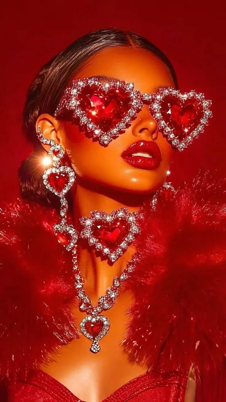 A woman wearing heart-shaped, diamond-studded sunglasses, matching jewelry, and a red fur coat, with bold red lipstick, against a red background.