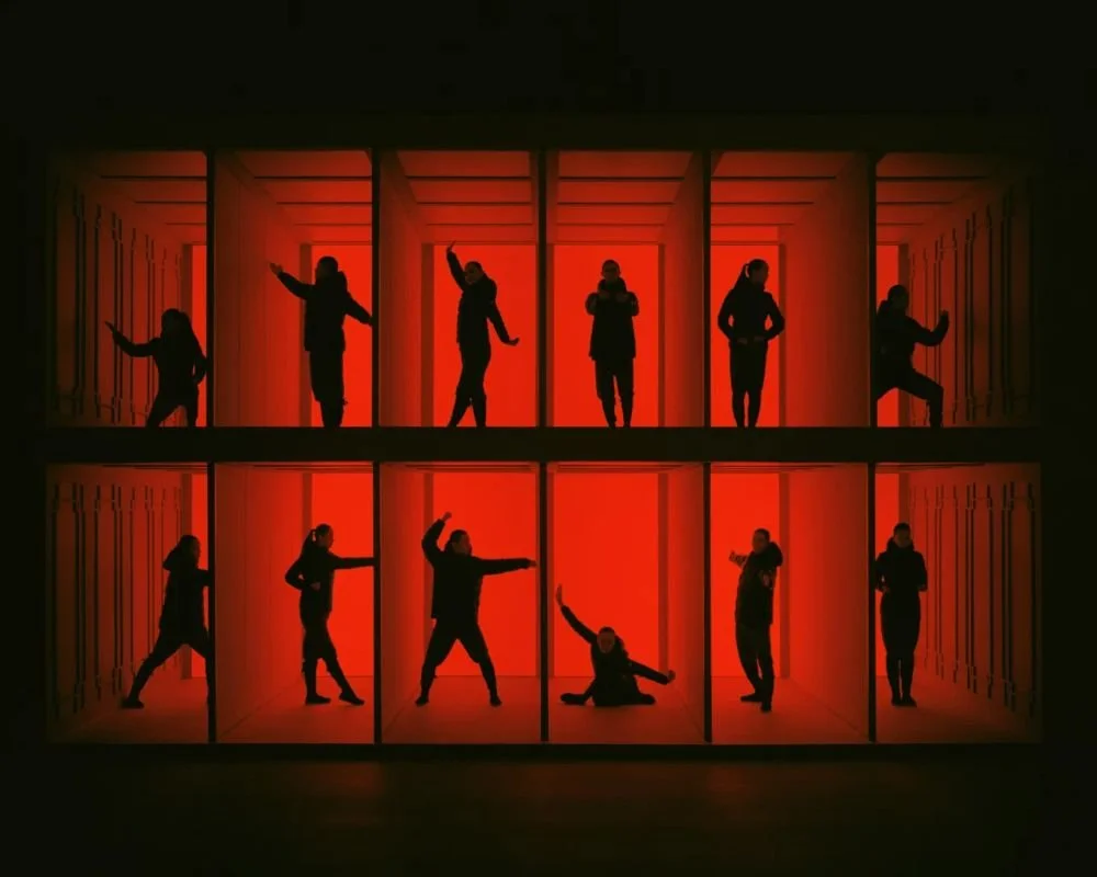 Silhouettes of performers in black outfits inside a two-tiered red-lit stage, striking various poses and gestures.