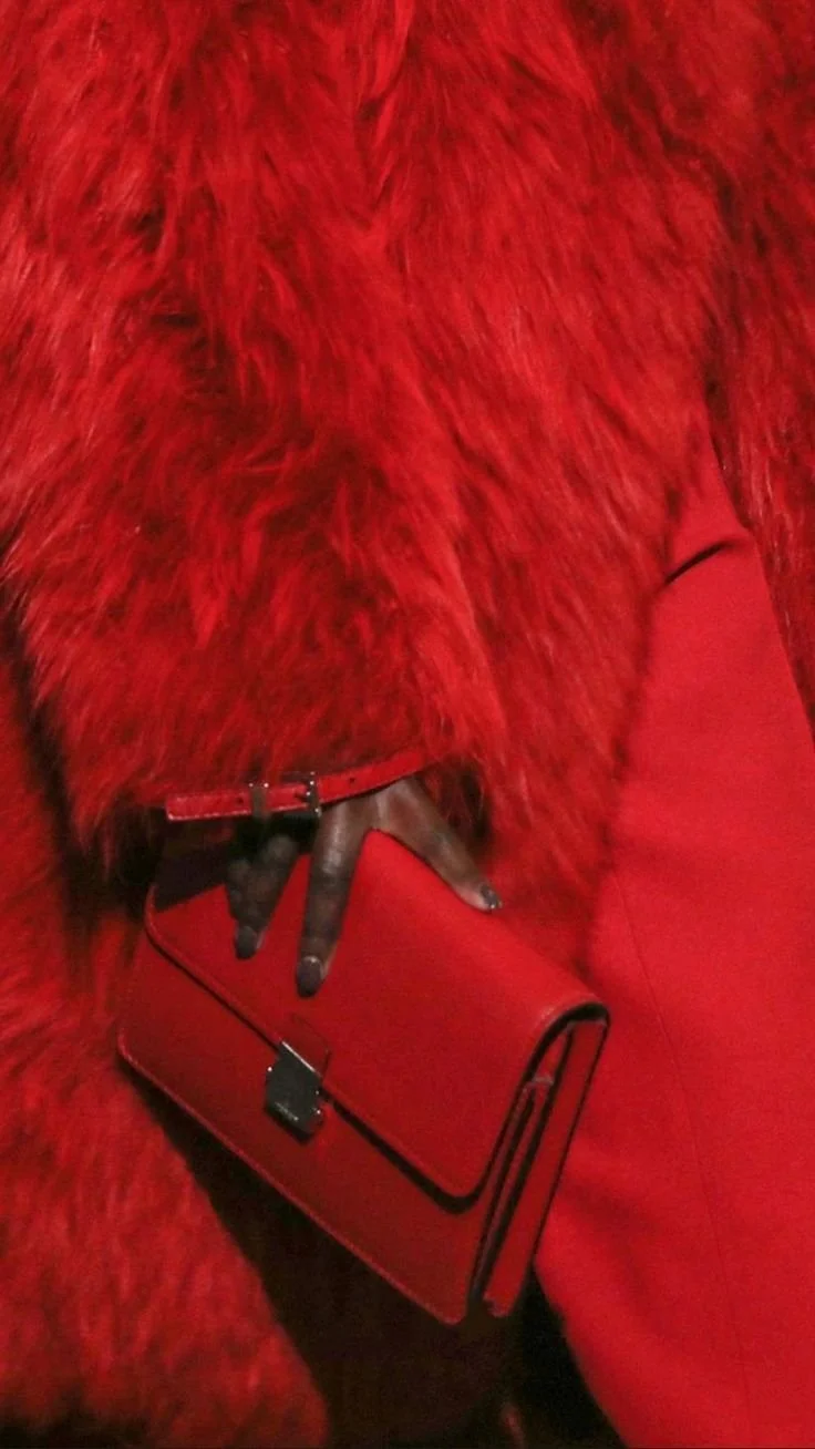 Close-up of a person holding a red handbag, wearing a red furry coat and red pants.
