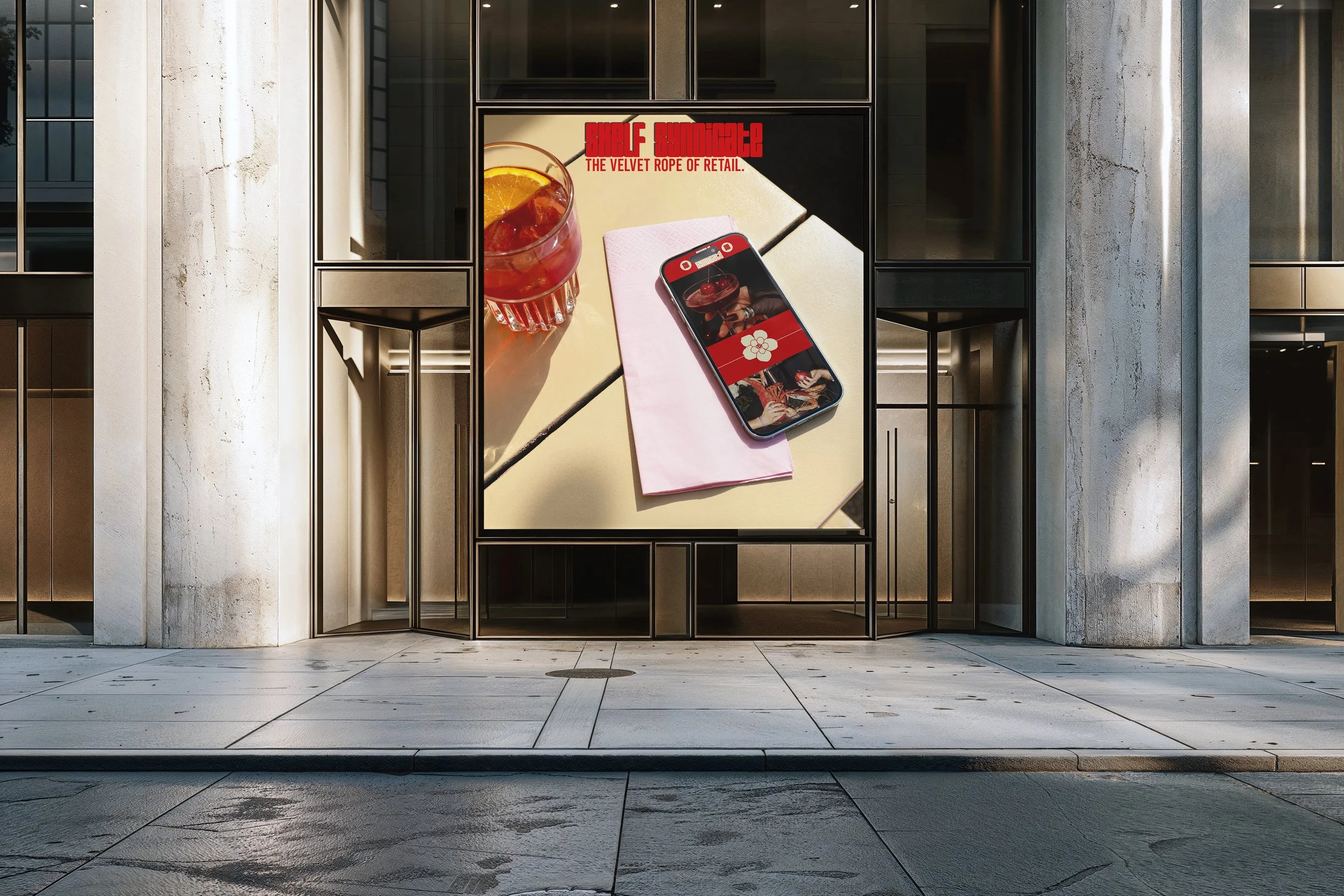 Large outdoor digital advertisement display showing a glass of a red drink with an orange slice, a pink napkin, and a smartphone with an app featuring flowers and images of drinks, with the caption 'SHELF SUNDANCE THE VELVET ROPE OF RETAIL'.