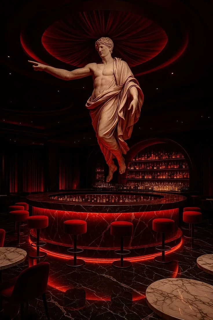 A bar decorated with red lighting and a large statue of a classical male figure suspended from the ceiling, surrounded by a dark, modern interior.