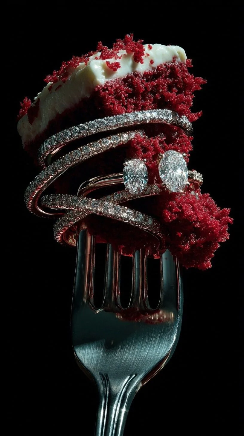 Frosted cupcake with cream cheese frosting and red sprinkles on a fork, with diamond jewelry in the background.