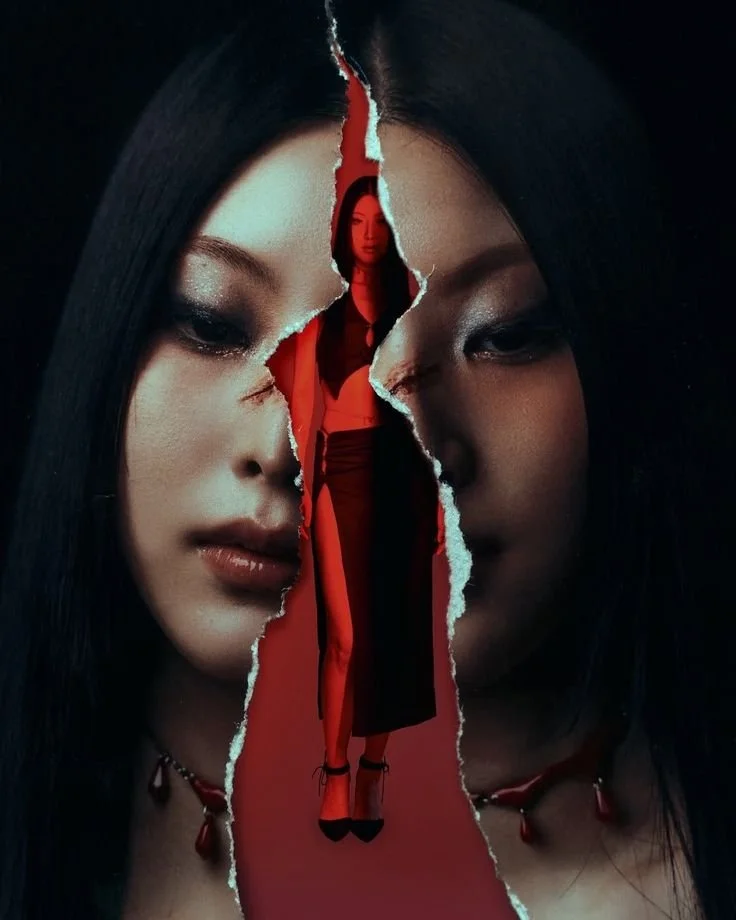 Split image of two women with long black hair and choker necklaces facing inward, torn to reveal a smaller woman in a slit black and red dress with high heels standing on a pink background.