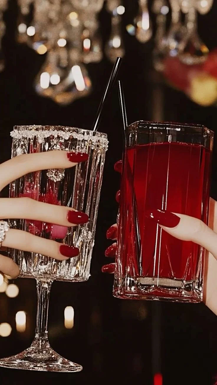 Two women with red nail polish holding glasses of dark red beverage in a celebratory toast, one in a decorated glass and the other in a clear glass, against a blurry background with lights.