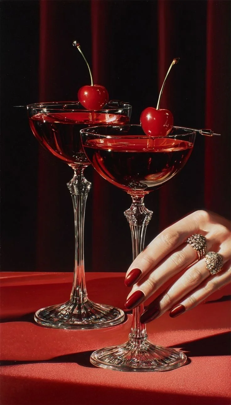 Two crystal cocktail glasses filled with red liquid, garnished with cherries on top. A woman's hand with manicured nails and sparkly rings rests on the table beside the glasses.