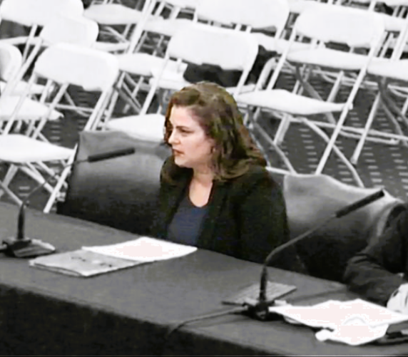 Attorney Monica Tulchinsky sitting at a table at New York City Council testifying, with rows of empty white chairs in the background.