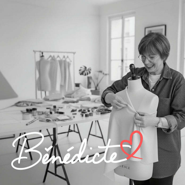 Bebeton（ベベトン）のフランス人デザイナー、Bénédicte（ベネディクト）。アトリエでデザインを調整している様子。