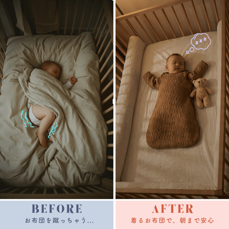 左側は赤ちゃんが布団の上で寝ている様子で、足が動いて震えている。右側は同じ赤ちゃんが布団に包まれてすやすや眠っている。