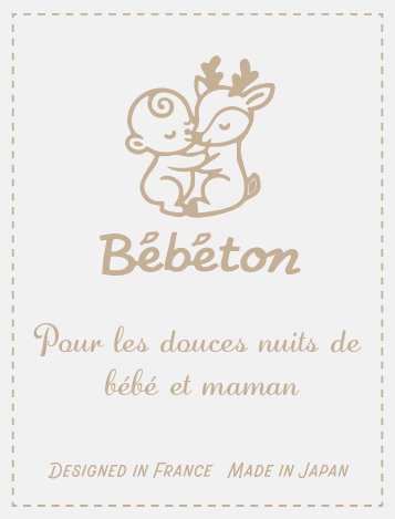 Bebeton（ベベトン）の公式ロゴマーク。赤ちゃんと子鹿のイラスト。「Designed in France Made in Japan」の表記。