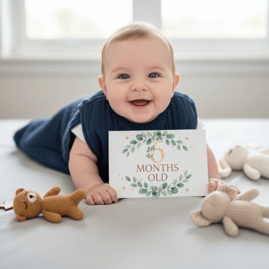 Bebeton（ベベトン）のスリーパーと共に成長を祝う生後6ヶ月の赤ちゃん。かけがえのない家族の思い出と日々の幸福感。