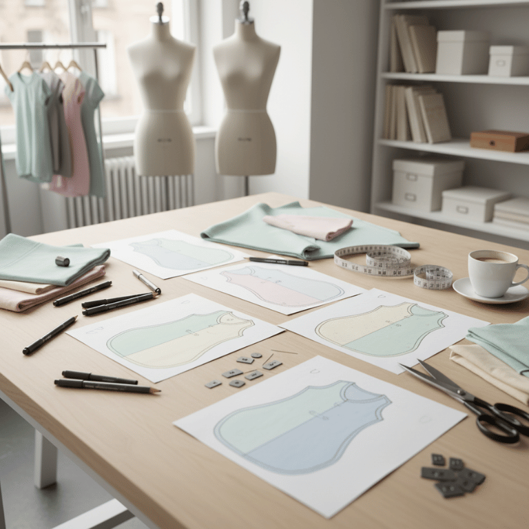 Bebeton（ベベトン）のデザインプロセス。スリーパーのスケッチ画や型紙、生地見本が並ぶアトリエの風景。