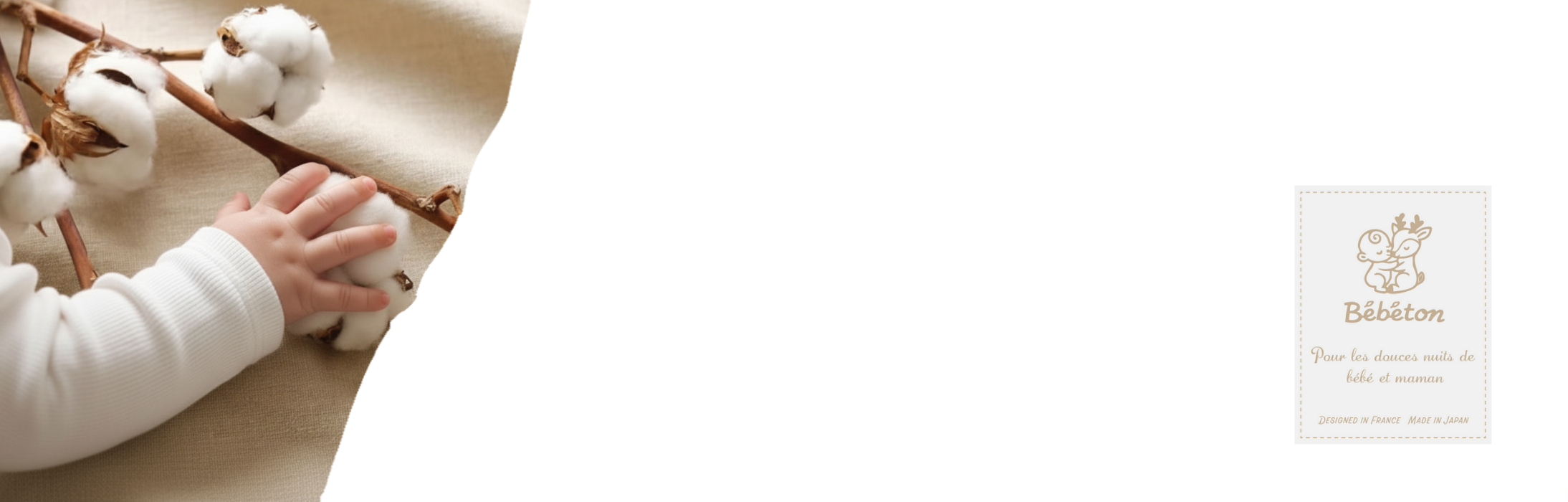 Bebetonスリーパーの素材であるオーガニックコットンと赤ちゃんの手。肌に優しい天然素材