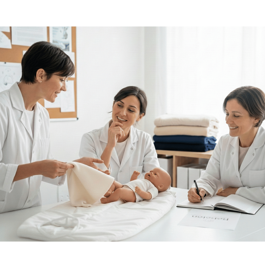 医者と看護師が赤ちゃんを診察しているシーン