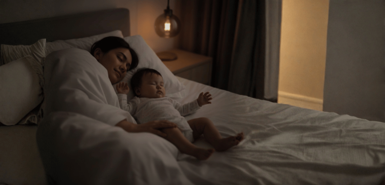 Bebeton（ベベトン）の着るお布団で、親子が安心して安眠している様子。世界基準の安全性を備えた新しい育児スタイル。