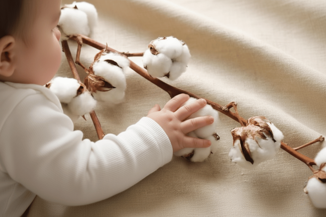 幼い子供が綿の実がついた綿花の枝を触っている