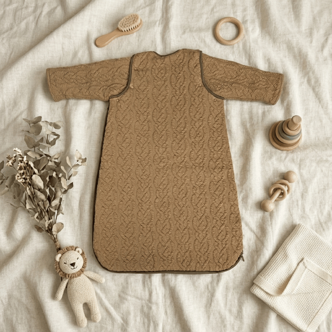 Bebeton（ベベトン）のベージュ系スリーパー。男の子にも女の子にも似合うナチュラルカラー。出産祝いに人気の日本製2WAY仕様。