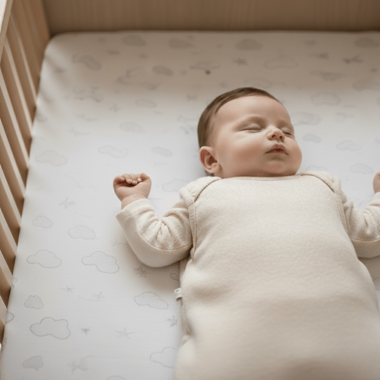 ベビーベッドで気持ちよさそうに眠る赤ちゃん。Bebeton（ベベトン）が大切にする「赤ちゃんの安全な眠り」と「家族の安らぎ」のイメージ。