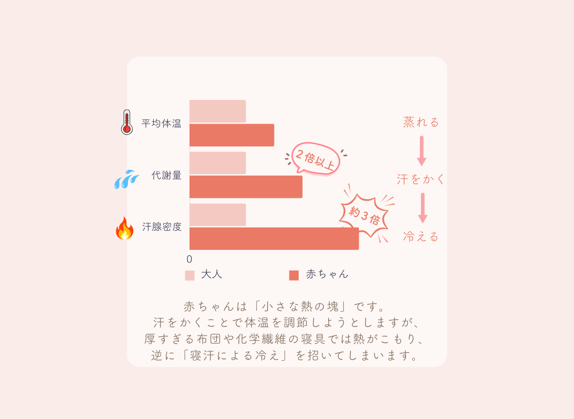赤ちゃんと大人の体温・代謝量・汗腺密度の比較グラフと熱放出の仕組み
