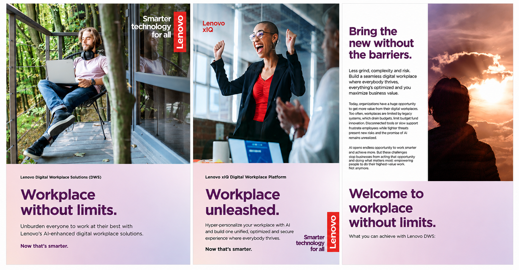 Concepting and go-to-market content for Lenovo Digital Workplace Solutions (DWS) that ladders up to Work Reborn. 