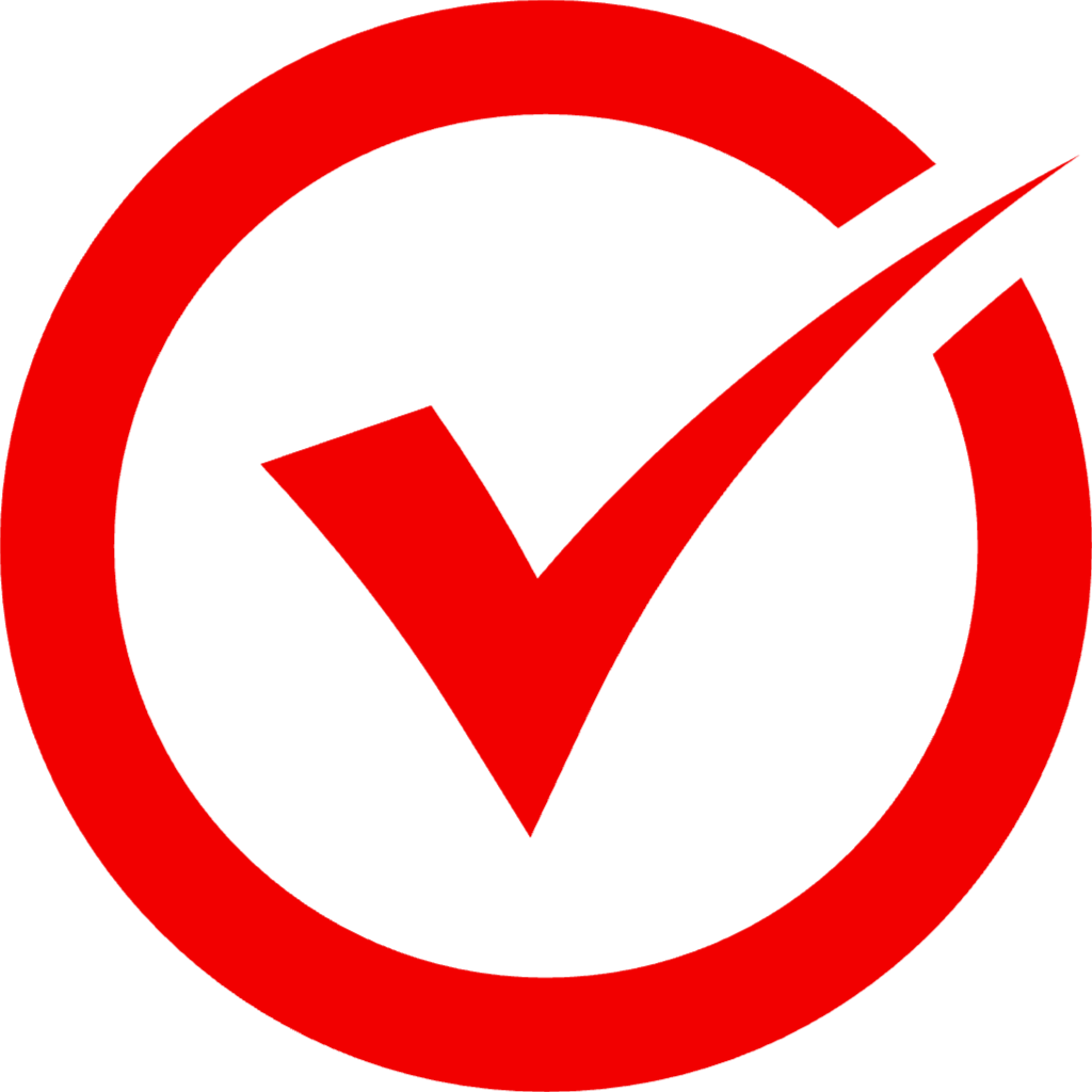 Red circle with a checkmark inside, indicating approval or verification.