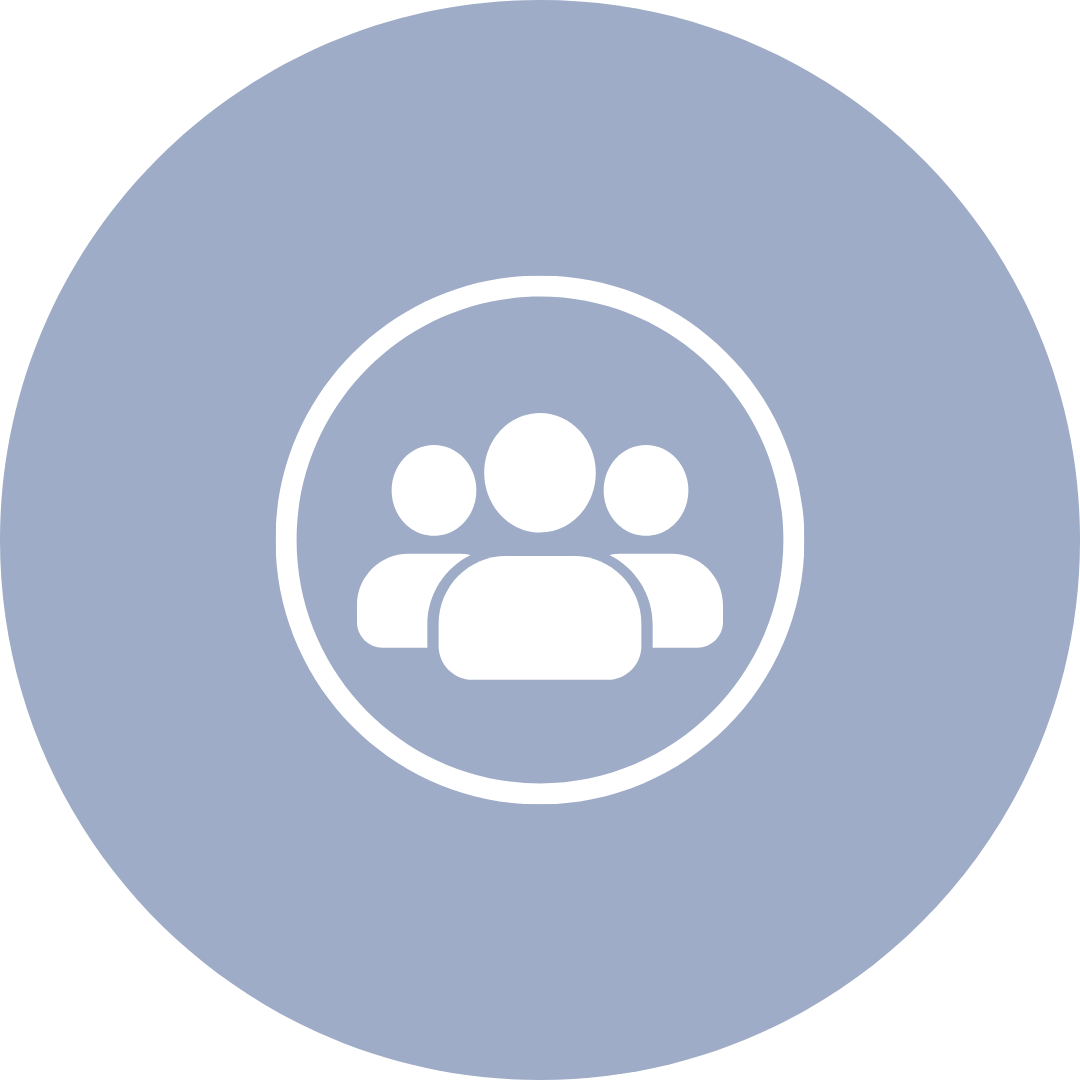 Icon of three people within a circle, on a blue background.