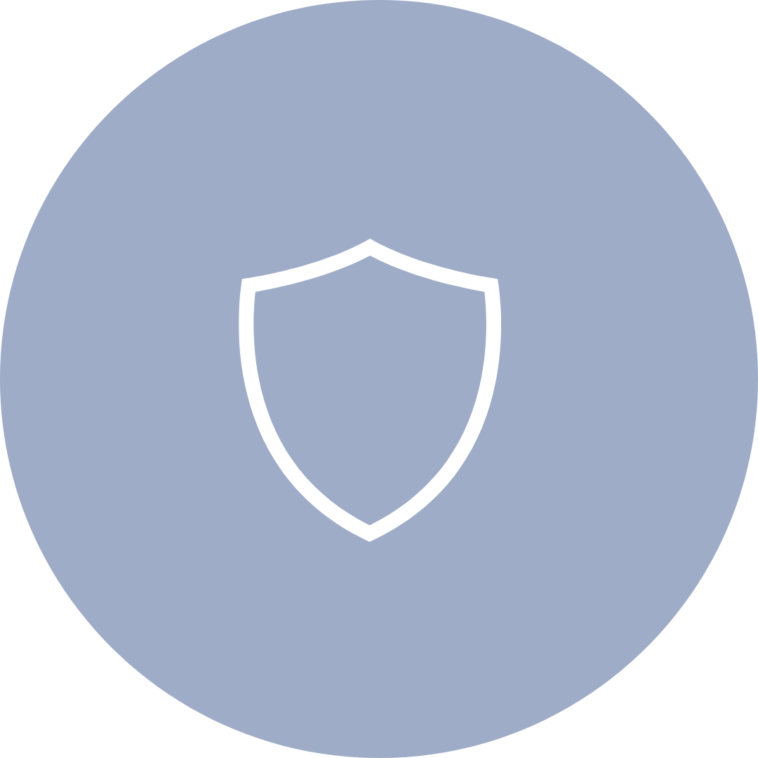 Gray circle with a white outline of a shield in the center