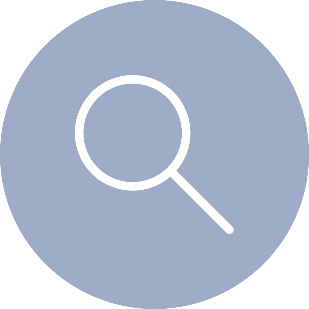 Magnifying glass icon on a circular blue background.
