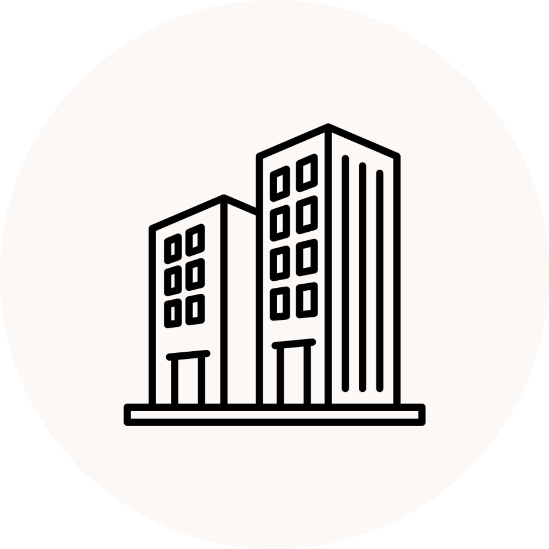 Line drawing of two tall buildings with multiple windows.