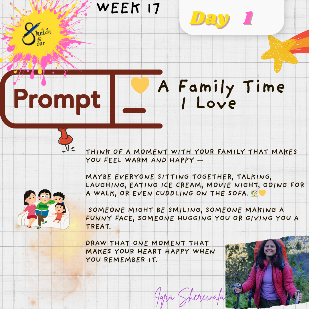 A colorful and playful sheet of paper with prompts for family moments, including illustrations of a family sitting together on a sofa, a star, and a person hiking outdoors. The text encourages thinking of warm family memories and drawing moments that make the heart happy.