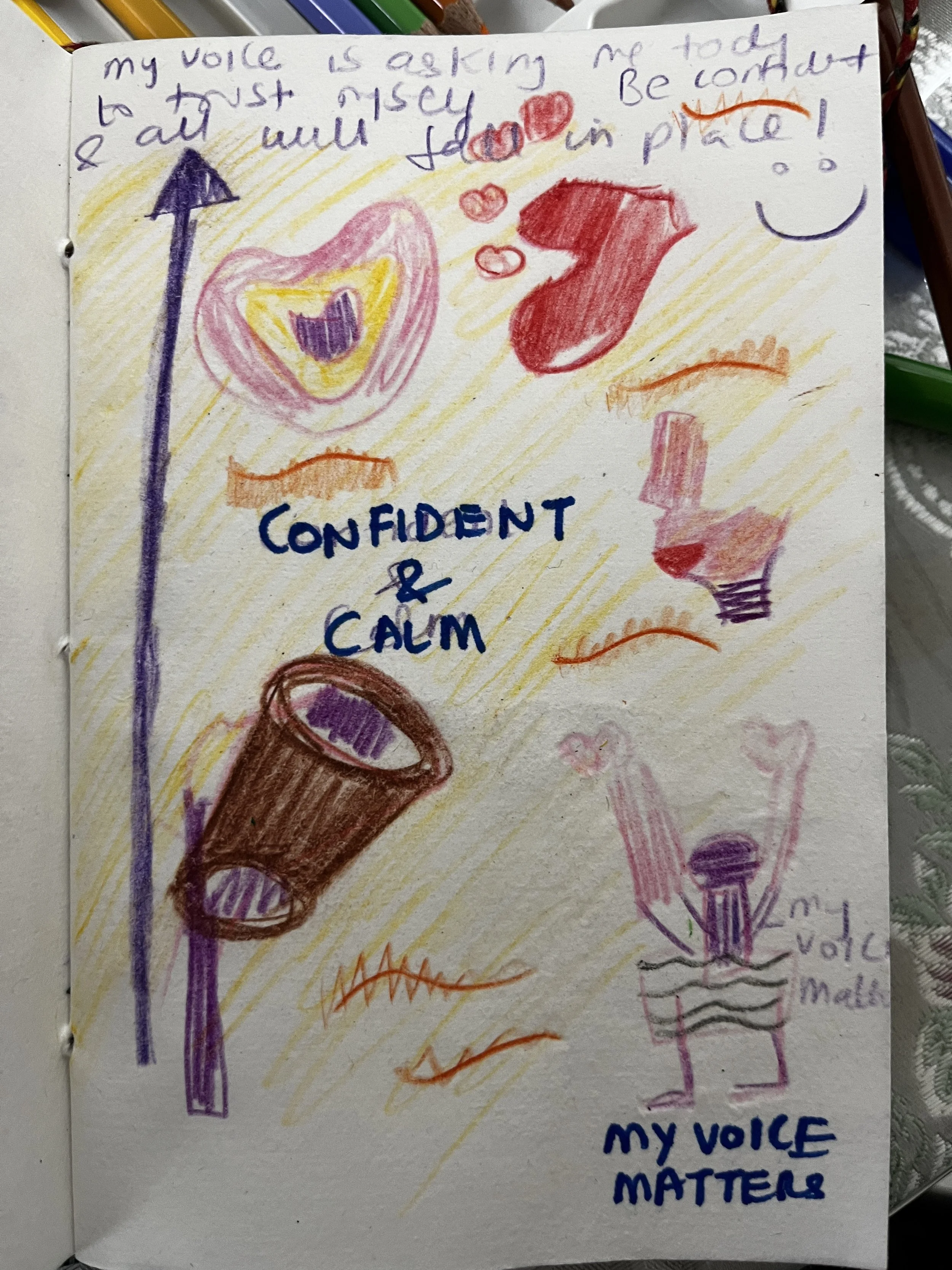 A colorful crayon drawing with the phrase 'Confident & Calm' in the center. The drawing features a happy face with a speech bubble, hearts, a drum, and a person with raised arms. There is handwritten text at the top and bottom, expressing feelings ab