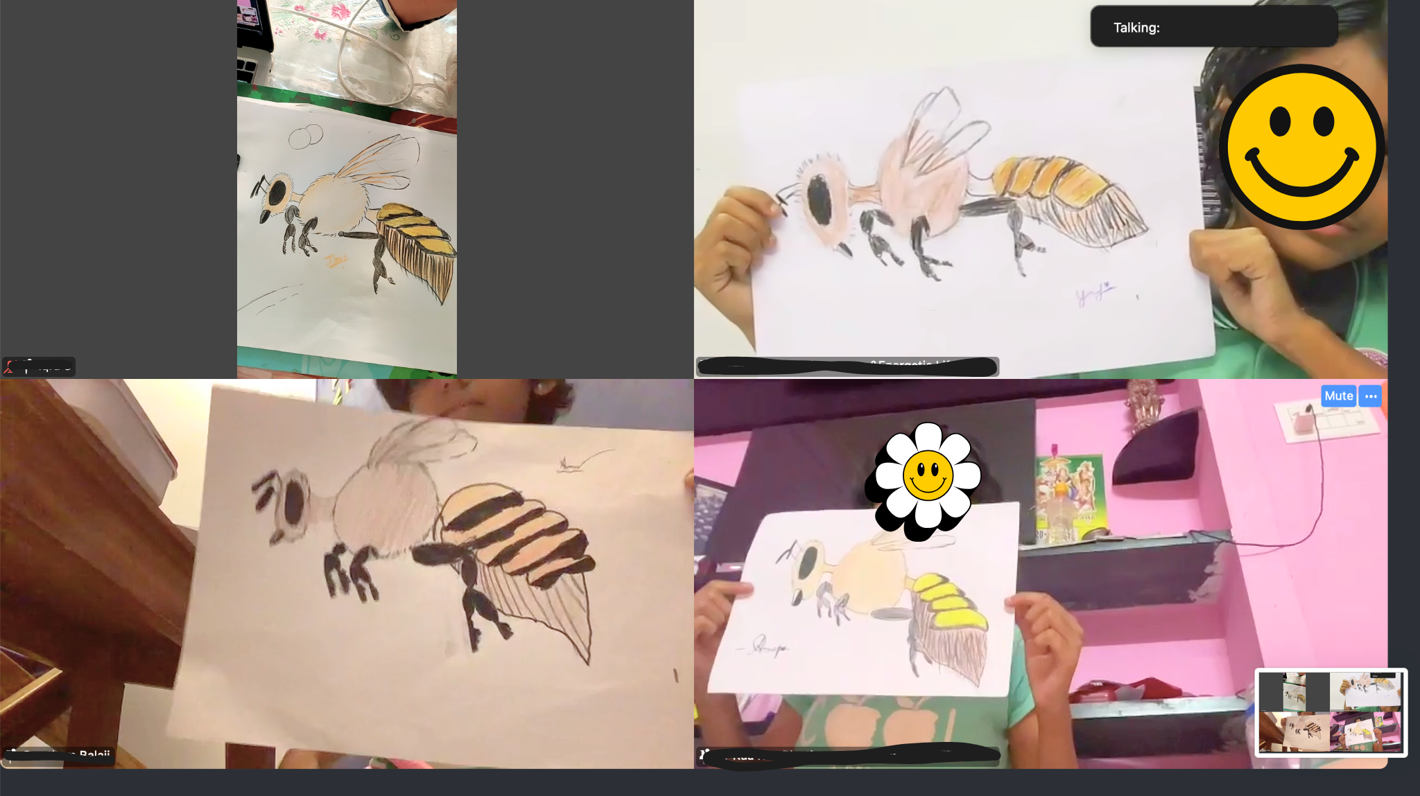 Children displaying drawings of a bee artwork on paper during a virtual class session.