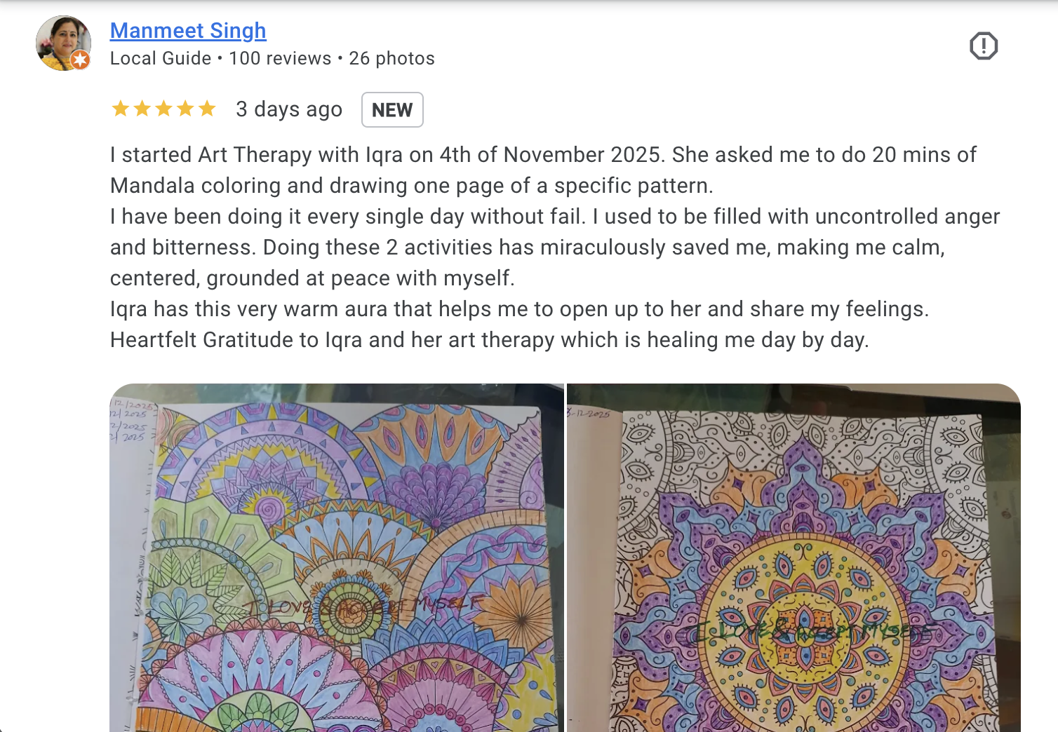 Two pages of mandala art coloring sketches, one in color and one in black and white, laying side by side.