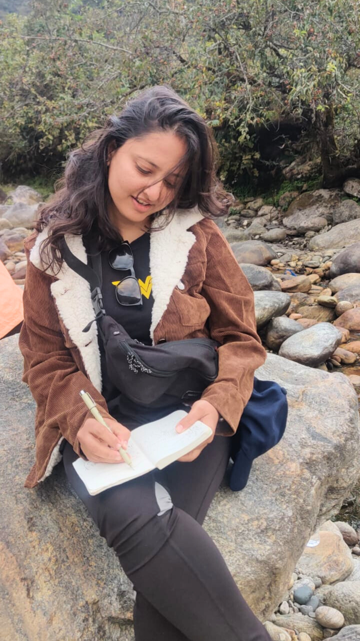 A woman sitting on a large rock by a stream, writing in a notebook with a pen, surrounded by rocks and trees.
